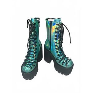 Moonstone Platform Boots size 6 Rave Festival Blue Holographic Aqua